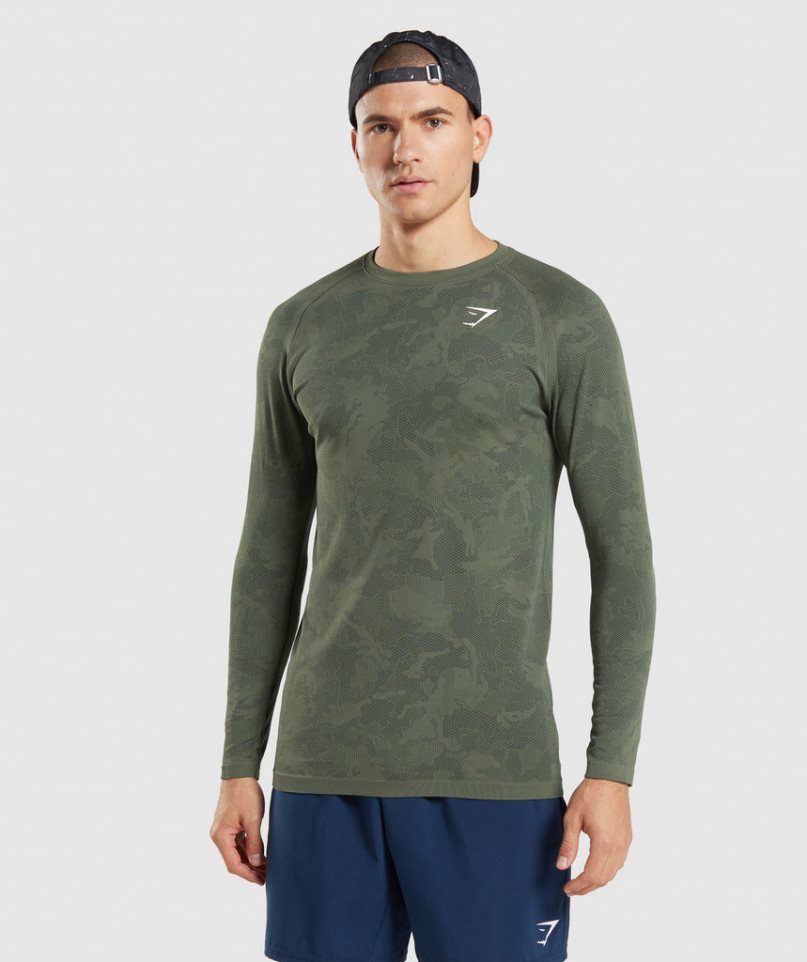 Koszulki Gymshark Geo Seamless Long Sleeve Męskie Oliwkowe | PL 849XJV